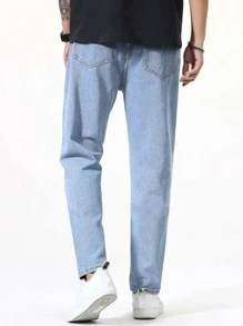 Manfinity Homme Herren gewaschene Jeans mit schrägen Taschen, zulaufender Passform, langer blauer Jeans, Cargo-Design, schlichte Arbeit, Business-Lässig, Ehemann