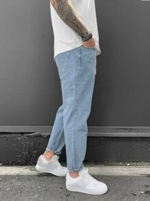 Manfinity Homme Herren gewaschene Jeans mit schrägen Taschen, zulaufender Passform, langer blauer Jeans, Cargo-Design, schlichte Arbeit, Business-Lässig, Ehemann