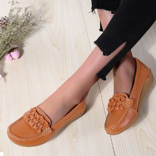 

Bow Decor Stitch Detail Leather Flats, Coral orange