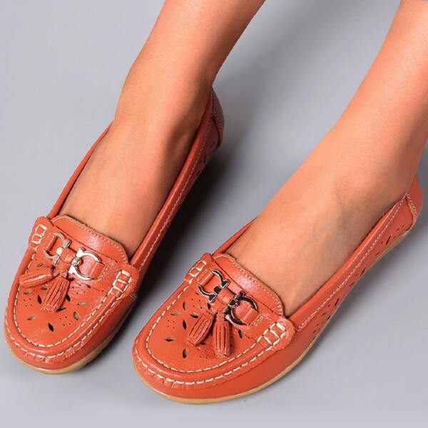 

Leather Hollow Out Ballet Flats, Coral orange