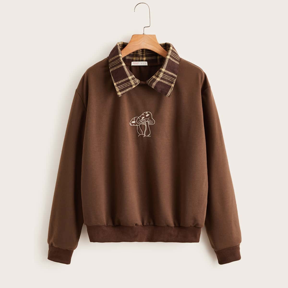 

Contrast Plaid-Collar Mushroom Embroidery Sweatshirt, Coffee brown