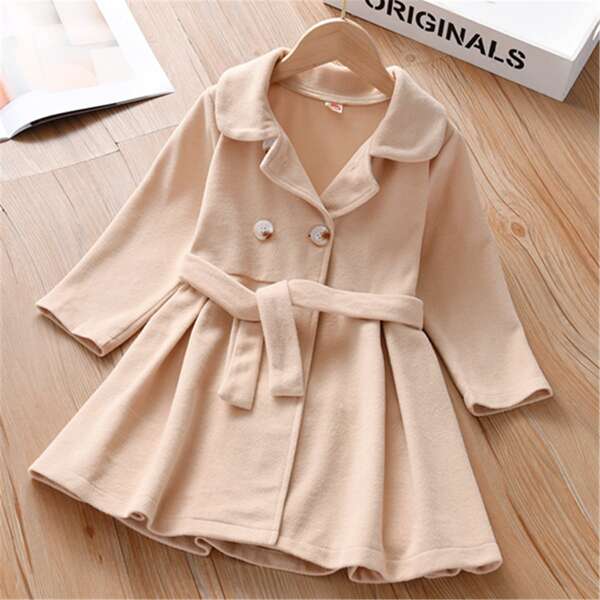 

Toddler Girls Lapel Neck Belted Overcoat, Apricot