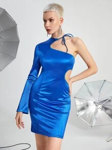 SHEIN Knotted Asymmetrical Neck Cut Out Satin Dress - Blue - View 1