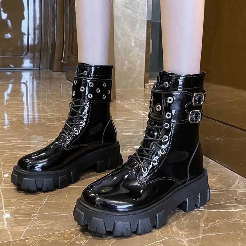 

Buckle Decor Platform Combat Boots, Black