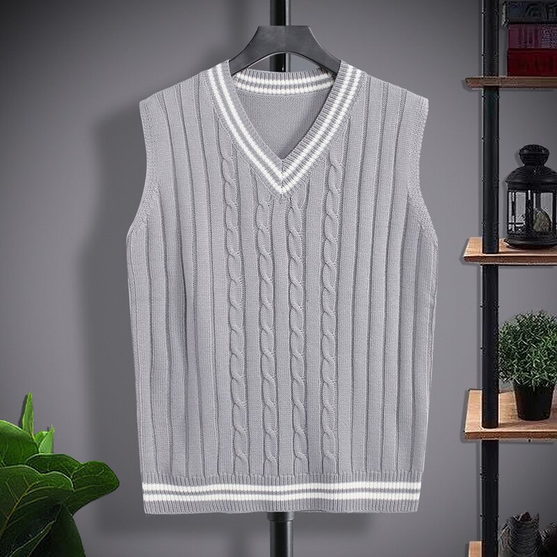 

Guys Cable Knit Striped Sweater Vest, Grey
