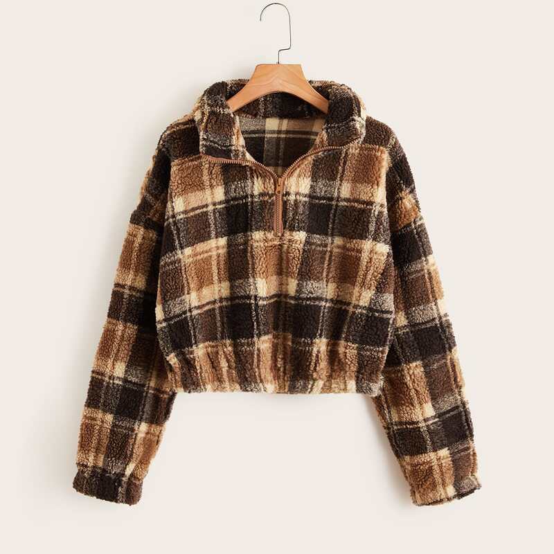 

Plaid Half Zip Teddy Sweatshirt, Multicolor