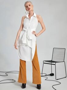 SHEIN Unity Drop Shoulder High Low Hem Satin Changeable Shirt - White - View 1