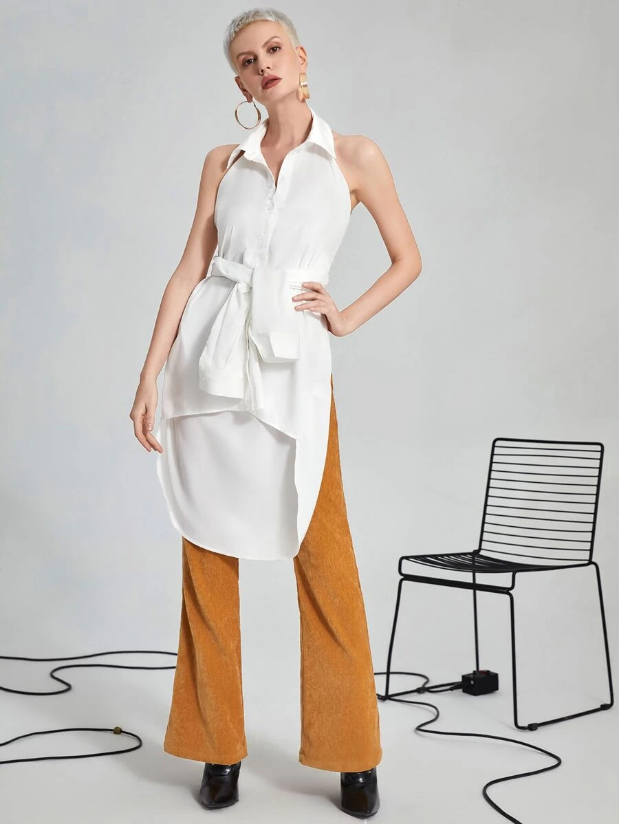 SHEIN Unity Drop Shoulder High Low Hem Satin Changeable Shirt - White - View 1