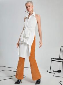 SHEIN Unity Drop Shoulder High Low Hem Satin Changeable Shirt - White - View 6