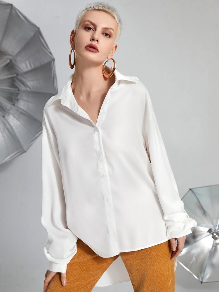 SHEIN Unity Drop Shoulder High Low Hem Satin Changeable Shirt - White - View 2