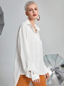 SHEIN Unity Drop Shoulder High Low Hem Satin Changeable Shirt - White - View 7