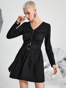 SHEIN Unity Ruched Single Breasted Belted Dress - Black - View 1