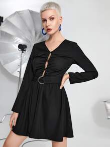 SHEIN Unity Ruched Single Breasted Belted Dress - Black - View 3