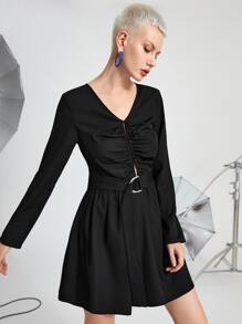 SHEIN Unity Ruched Single Breasted Belted Dress - Black - View 4