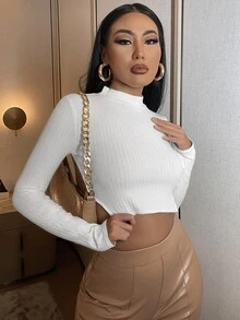 SHEIN Unity 素色小立領帶鏈子短款T恤 - 白色 - 查看 3