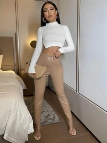 SHEIN Unity 素色小立領帶鏈子短款T恤 - 白色 - 查看 5