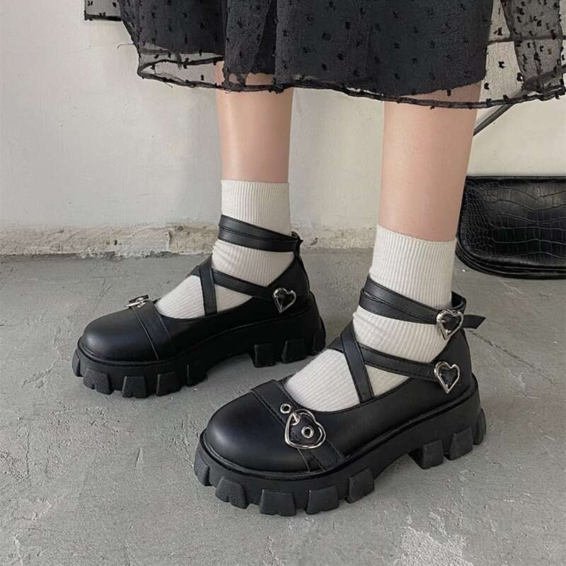 

Heart Buckle Mary Jane Wedges, Black
