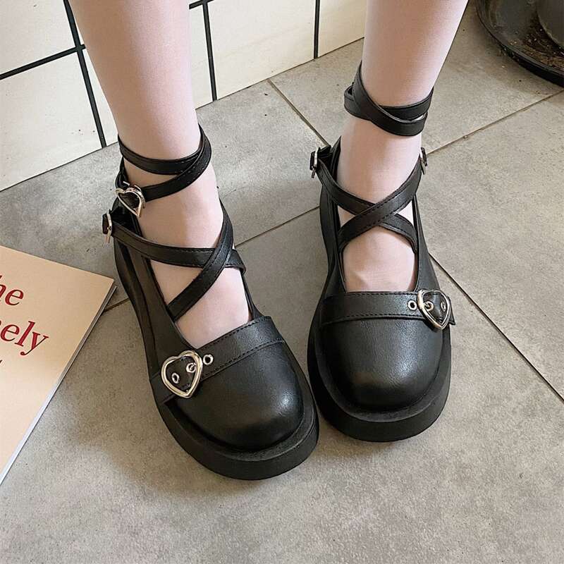 

Heart Buckle Mary Jane Wedges, Black