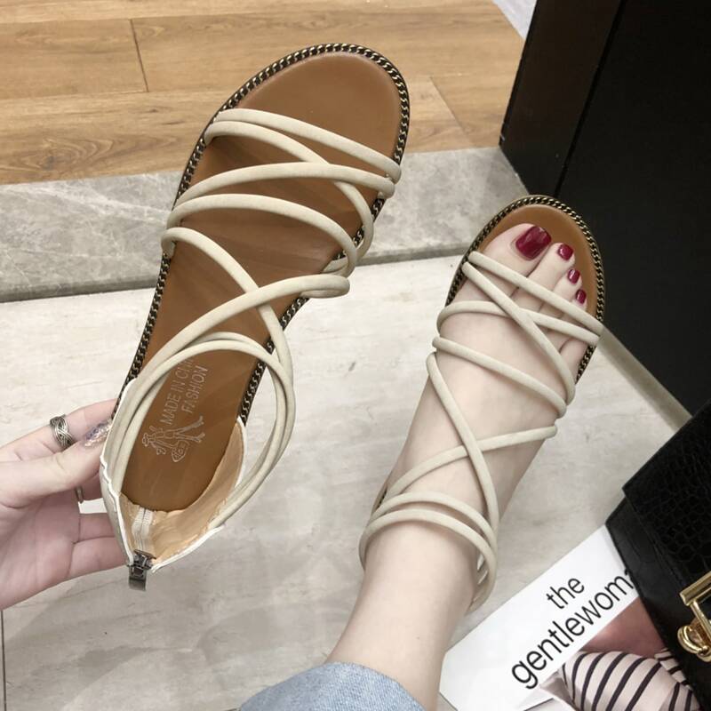 

Thin Strap Flat Sandals, Beige