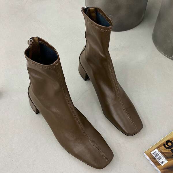 

Square Toe Chunky Heeled Boots, Chocolate brown