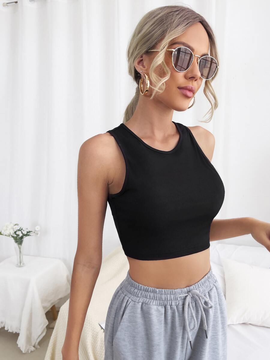 SHEIN Essnce Solid Crop Rib-knit Tank Top - Black - View 1