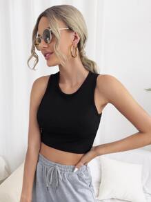 SHEIN Essnce Solid Crop Rib-knit Tank Top - Black - View 5