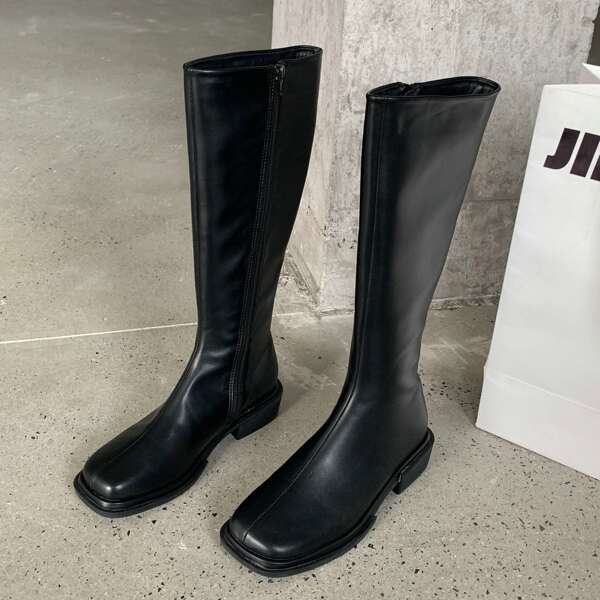 

Minimalist Block Heeled Side Zipper Boots, Black