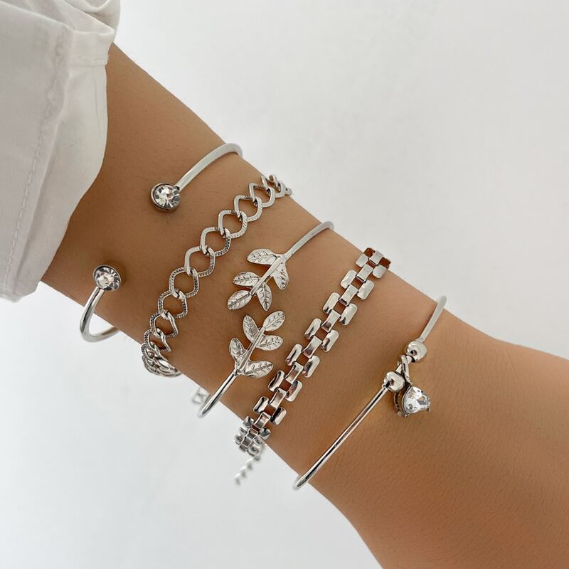 

5pcs Leaf Design Bracelet, Silver