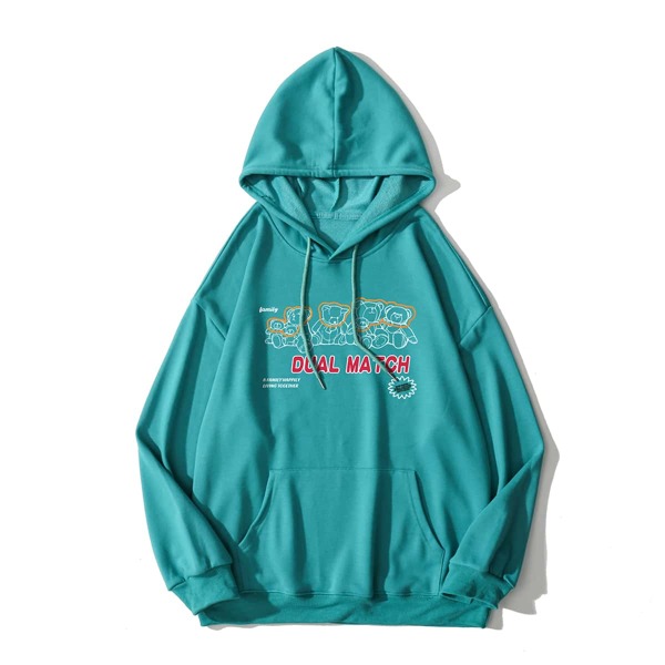 

Men Slogan & Bear Print Kangaroo Pocket Drawstring Hoodie, Cadet blue