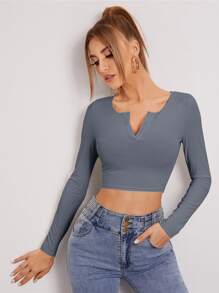 Muchica Camiseta tejida de canalé de cuello V - Neblina azul - Ver 1