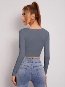 Muchica Camiseta tejida de canalé de cuello V - Neblina azul - Ver 2