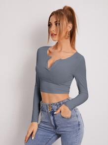 Muchica Camiseta tejida de canalé de cuello V - Neblina azul - Ver 4