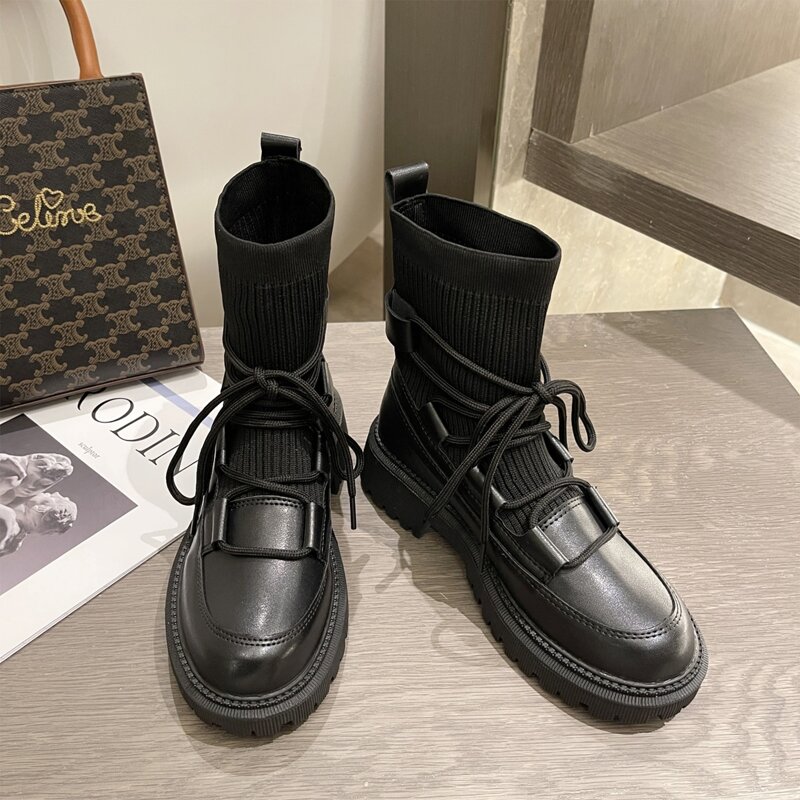 

Lace Up Front Sock Boots, Black