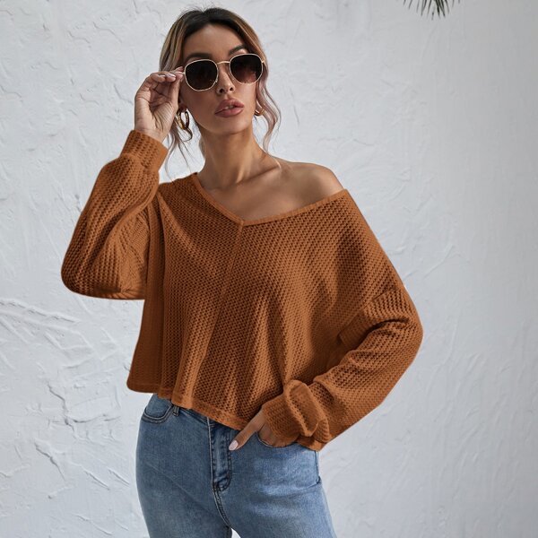 

Drop Shoulder Waffle Knit Tee, Brown