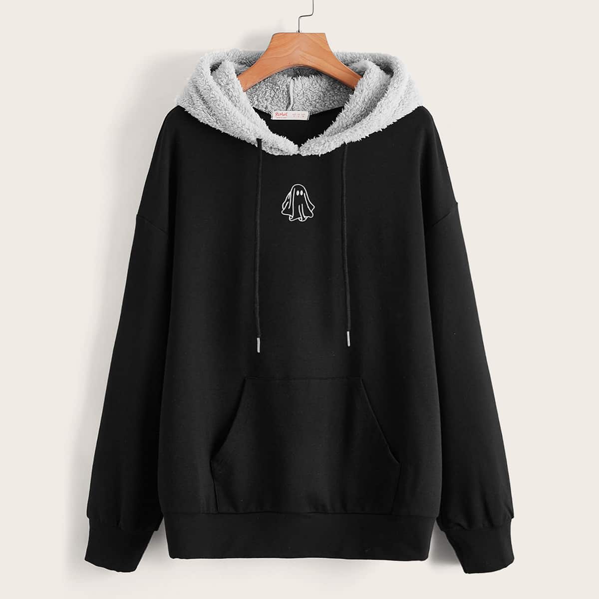 

Ghost Print Drawstring Hoodie, Black