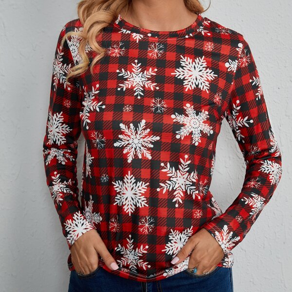 

Round Neck Christmas Snow & Gingham Print Tee, Red