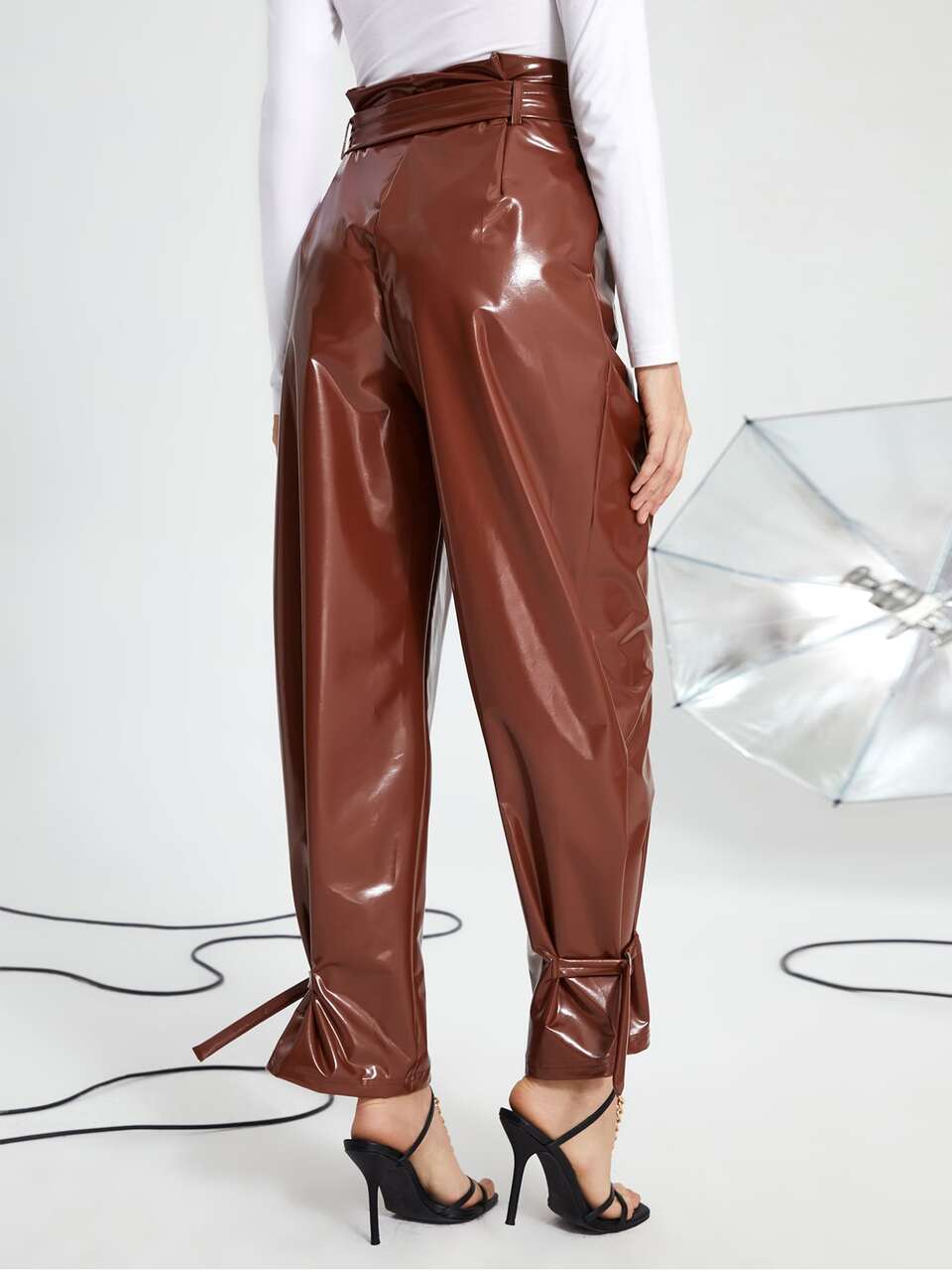 Plicated Paperbag Waist Belted PU Leather Pants
