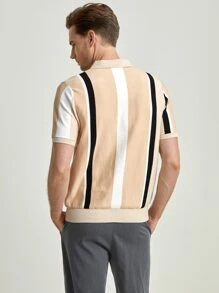 GENTILAND Men Striped Half Zip Knit Top - Khaki - View 2