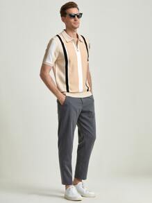 GENTILAND Men Striped Half Zip Knit Top - Khaki - View 3