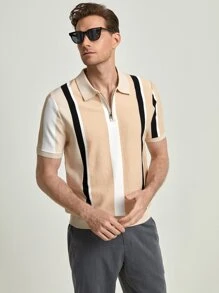 GENTILAND Men Striped Half Zip Knit Top - Khaki - View 4