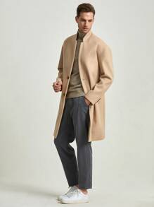 Manfinity Men Slant Pockets Mock Neck Overcoat - Khaki - View 1