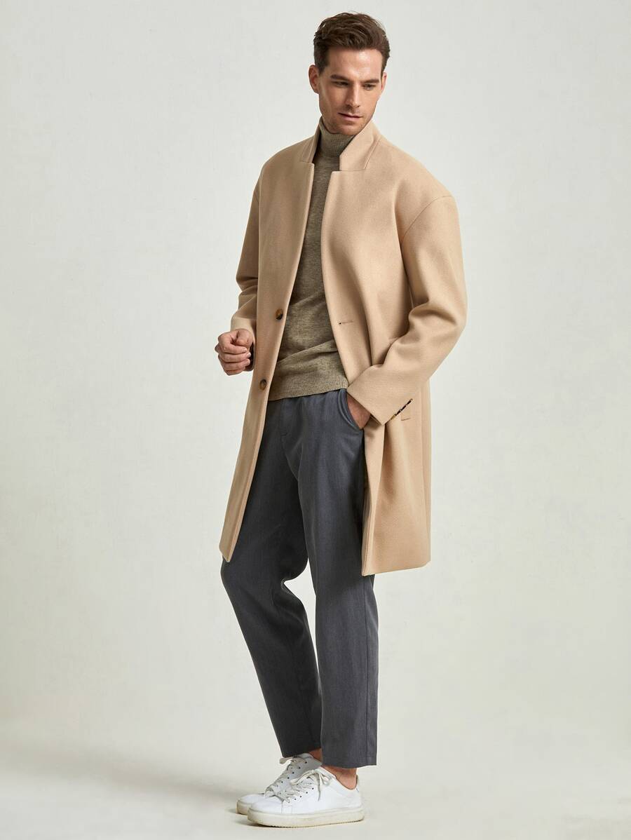 Manfinity Men Slant Pockets Mock Neck Overcoat - Khaki - View 1