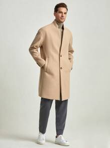 Manfinity Men Slant Pockets Mock Neck Overcoat - Khaki - View 3