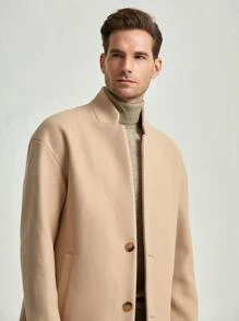 Manfinity Men Slant Pockets Mock Neck Overcoat - Khaki - View 4