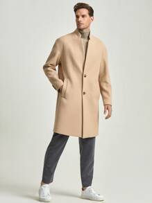 Manfinity Men Slant Pockets Mock Neck Overcoat - Khaki - View 5