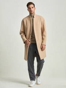 Manfinity Men Slant Pockets Mock Neck Overcoat - Khaki - View 6
