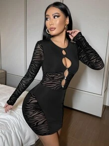SHEIN SXY Contrast Mesh Peekaboo Bodycon Dress - Black - View 3