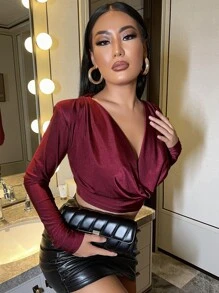 SHEIN SXY Áo thun nữ Vắt màu trơn Gợi cảm - Màu Đỏ Sâu - Xem 3