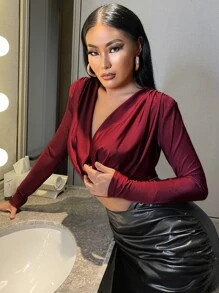 SHEIN SXY Áo thun nữ Vắt màu trơn Gợi cảm - Màu Đỏ Sâu - Xem 4