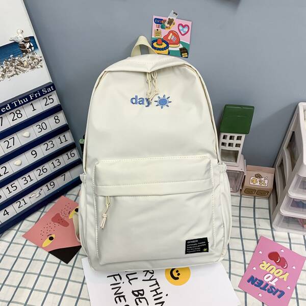 

Letter Embroidery Functional Backpack, White